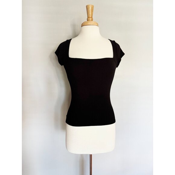 Reformation Bardot Black Rib Knit Square Neck Cap Sleeve Top MEDIUM - Picture 2 of 4